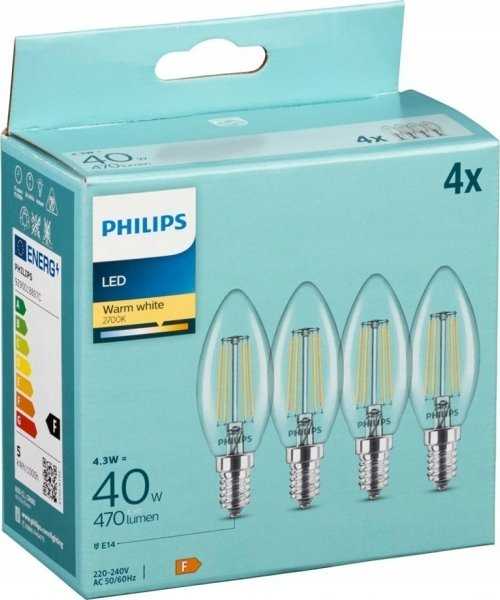 „Philips“ LED lempos E14, 4 vnt. pakuotėje, 40 W, 2700 K, žvakės formos, su kaitrinėmis lemputėmis