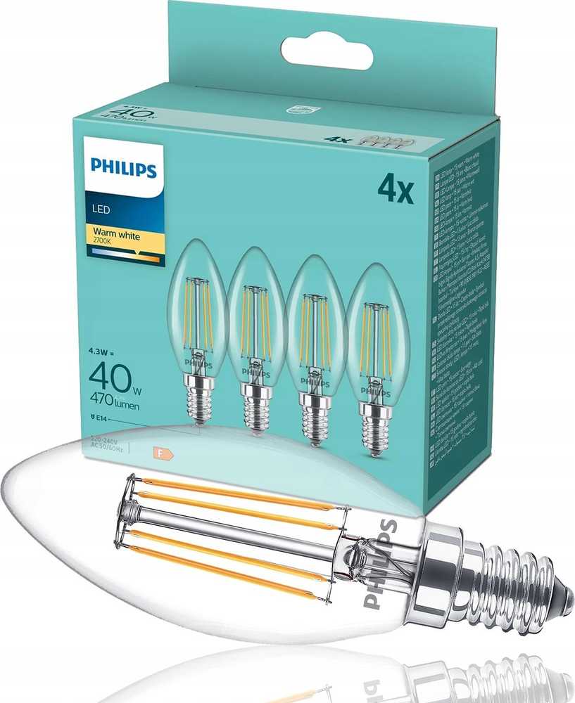 „Philips“ LED lempos E14, 4 vnt. pakuotėje, 40 W, 2700 K, žvakės formos, su kaitrinėmis lemputėmis