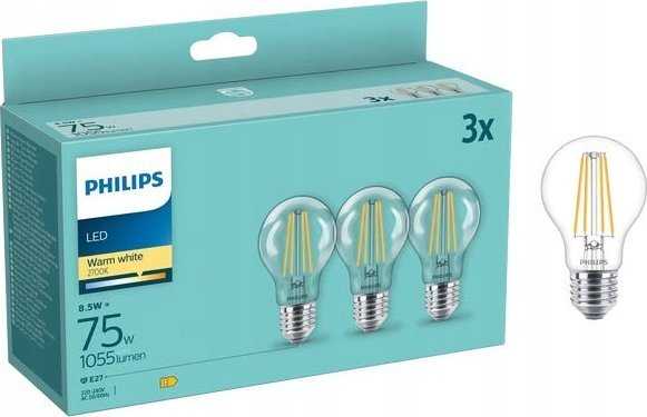 „Philips“ LED lempos E27, 3 vnt., 75 W, 2700 K, su gijomis