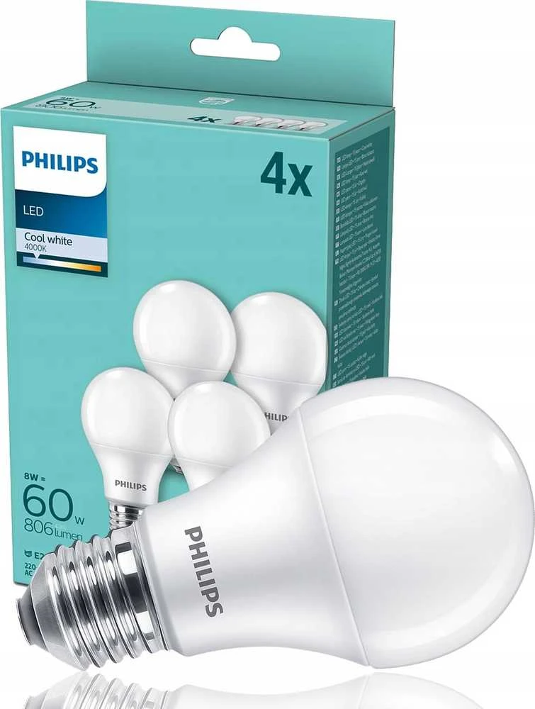 Philips LED lempa E27 4-pack 60W 4000K