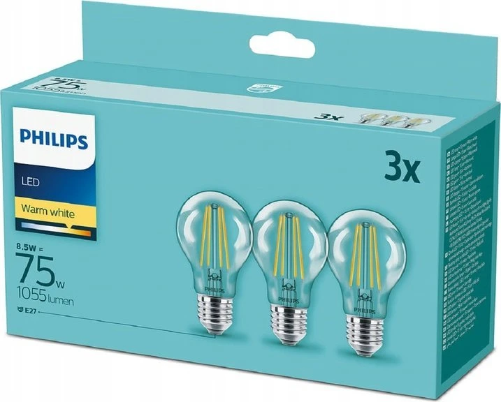 „Philips“ LED lempos E27, 3 vnt., 75 W, 2700 K, su gijomis