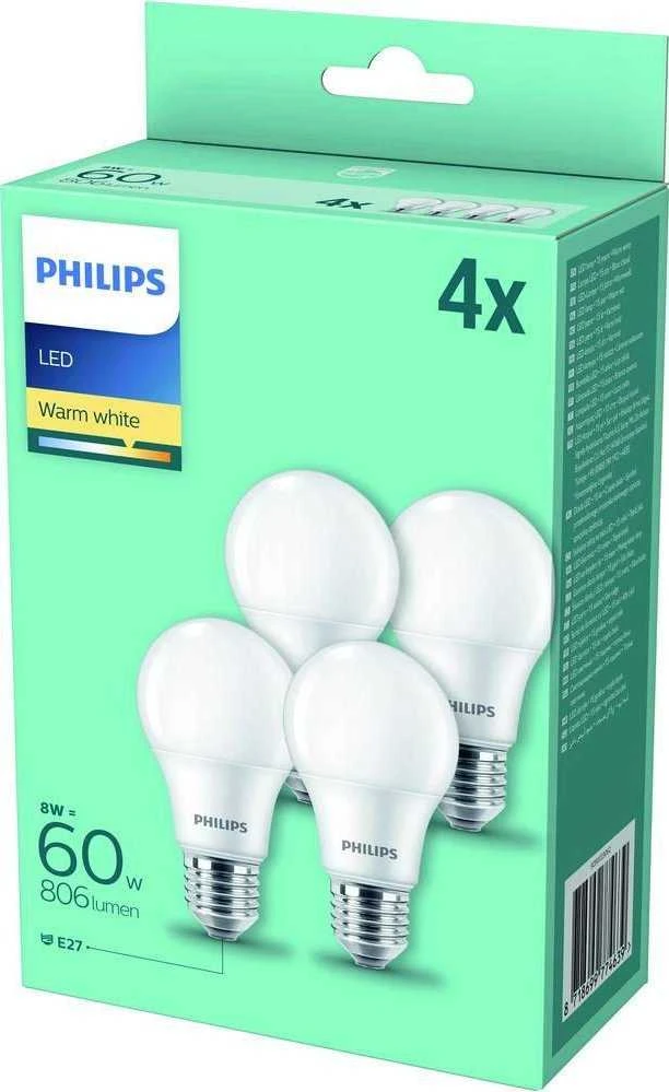 Philips LED lemputė E27 4 pakuotės 8W (60W) 2700K 806lm