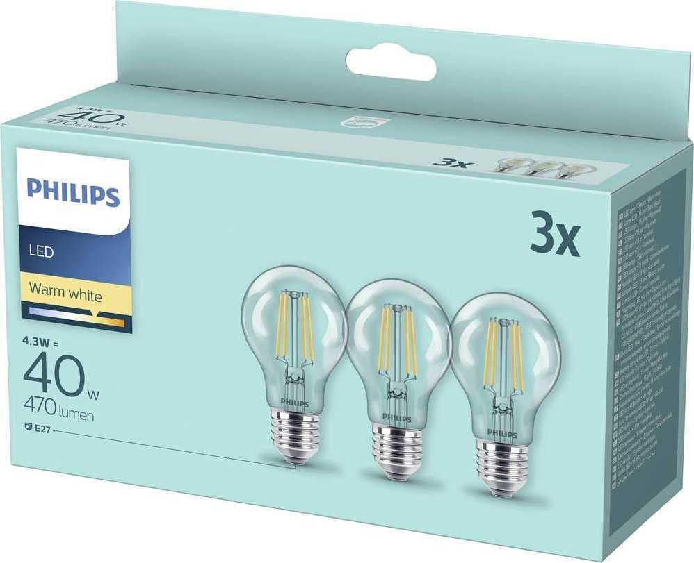 Philips LED lemputė E27, 4.3W, 470lm, 2700K 3 vnt.