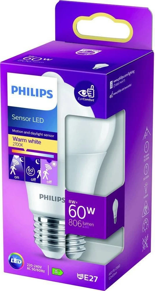 „Philips“ LED lemputė LED jutiklis 60 W A60 E27 WW FR ND 1SRT4 929002058731