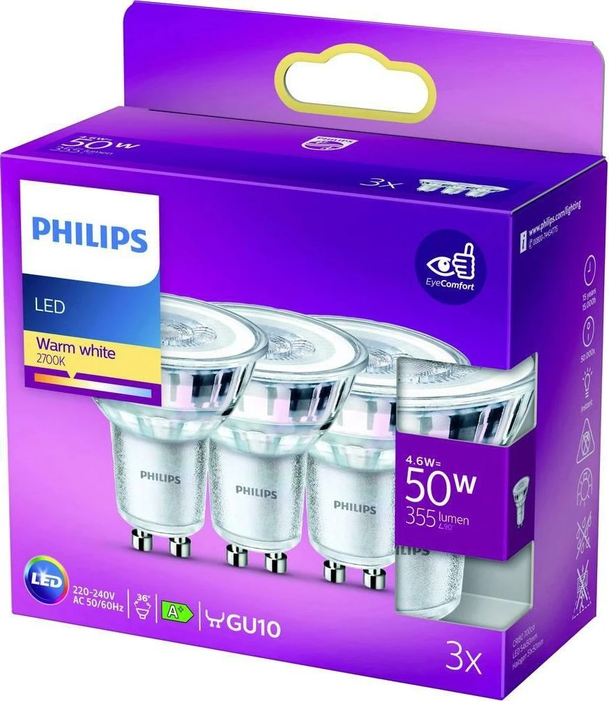 Philips LED Spot GU10 3 pakuotės 4,6W (50W) 2700K 355lm
