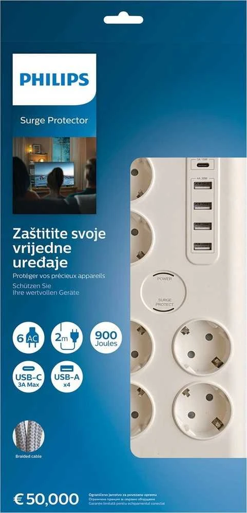Philips Apsauga nuo viršįtampių SPN7060WA/58, 6 lizdai, 2 m maitinimo laidas, 1 x C tipo prievadas, maks. 15 W išvestis, 4 x A tipo jungtys, maks. 20 W išėjimas, 900 džaulių apsauga nuo viršįtampių