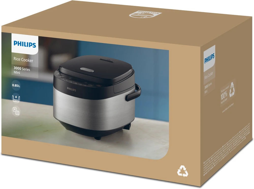 „Philips“ mini ryžių viryklė | HD3093/80 3000 serija | 600 W | 0,85 l | Programų skaičius: 8 | Nerūdijančio plieno / Juodas