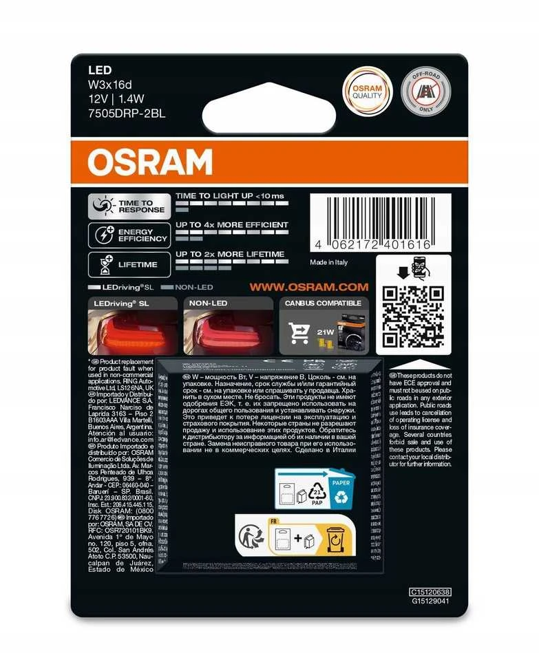 „Philips Osram LED Premium New W21W Raudona EPACK“