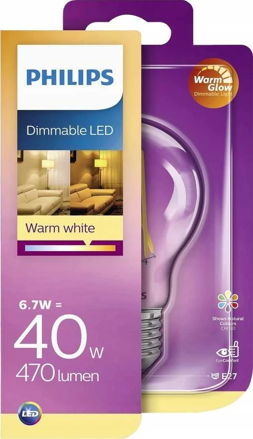 „Philips Warm Glow“ LED lempa, E27, 2200–2700 K, 470 lm, CRI 90