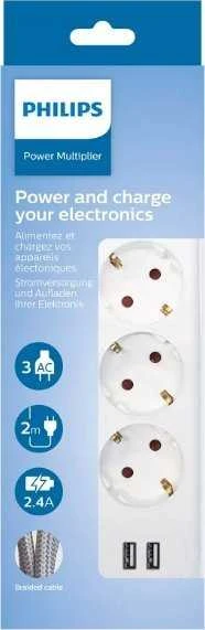 „Philips“ viršįtampių apsaugos įrenginys Balta, 3 lizdai, 2 x USB, 2 m, SPN3032WA/60