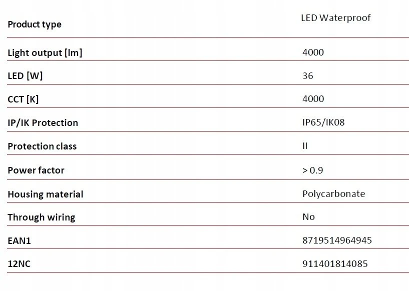 Philips Hermetinė armatūra PILA WT008C pereinamoji 36W 4000lm 4000K 40S/840 PSU L1200 TW CLASSIC 2 metų garantija