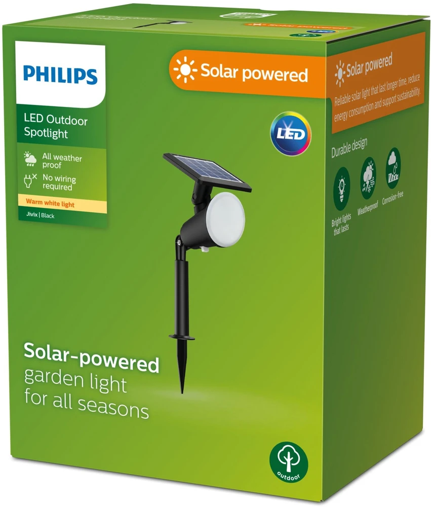 Įsmeigiamas LED lauko šviestuvas PHILIPS JIVIX, įkraunamas saulės energ. 1,4W, 2700K 150lm