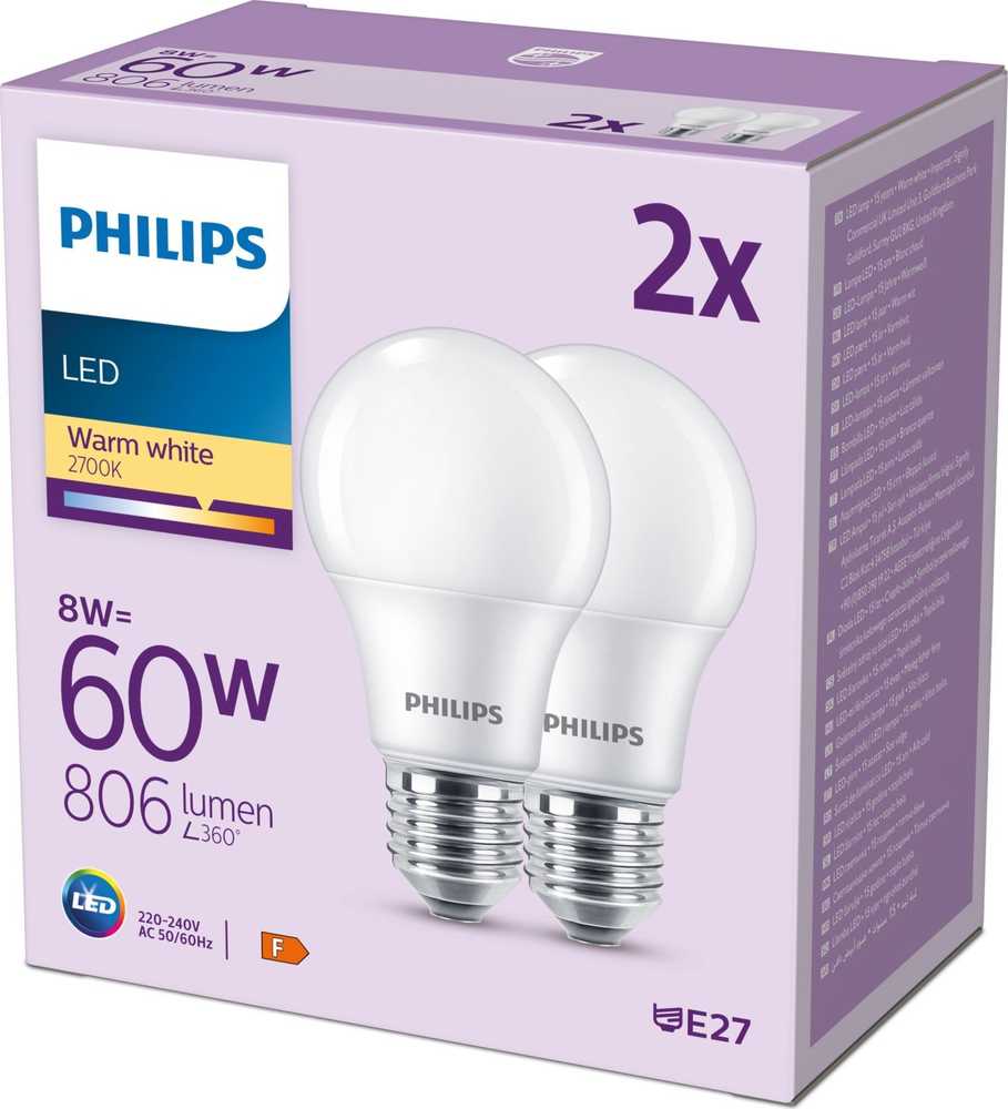 „Philips“ Signify LED klasikinė lempa, 60 W, E27, šiltai balta, 806 lm, plastikinė, balta, 2 vnt. pakuotėje