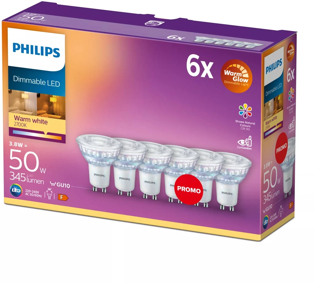 „Philips“ 6 vnt. GU10 LED lempučių pakuotė, 50 W, „Dimbar War“
