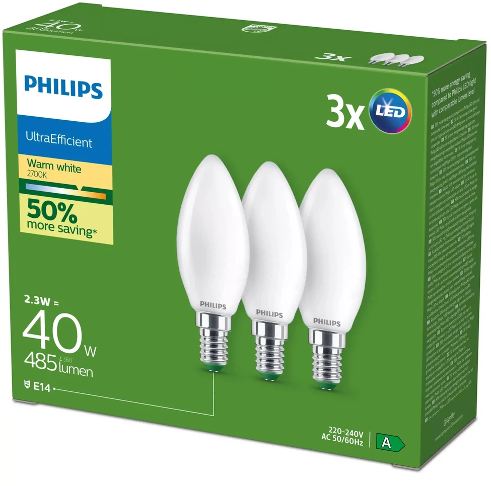 „Philips“ itin efektyvi LED lemputė E14 | B35 | 2,1 W = 40 W | 2700 K, šilta | 3 vnt.