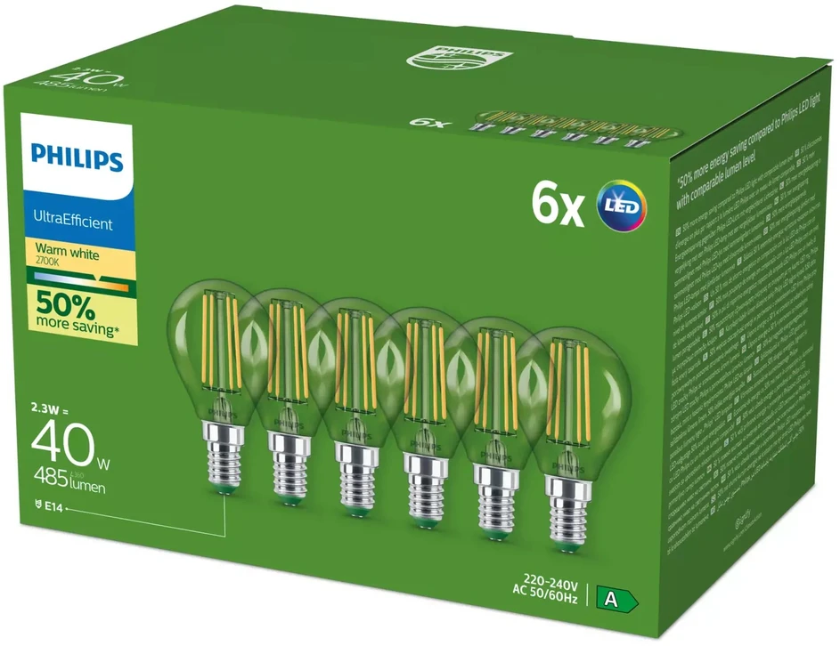 Philips Ultra Efficient Żarówka LED E14 | P45 | 2.1W = 40W | 2700K Ciepła | 6 vnt.