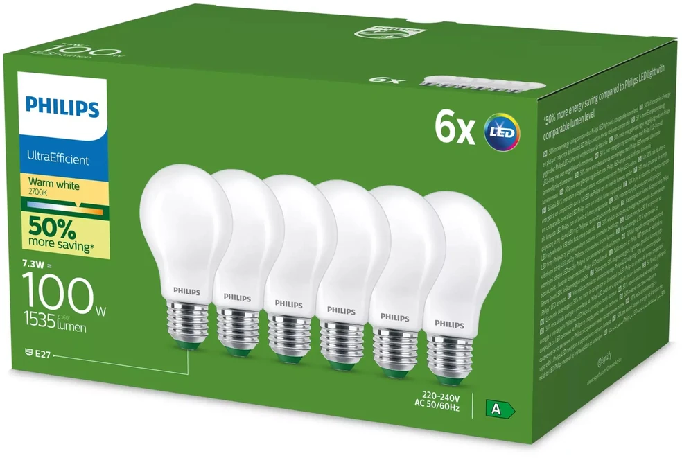 „Philips“ itin efektyvi LED lemputė E27 | A60 | 7,3 W = 100 W | 2700 K, šilta | 6 vnt.