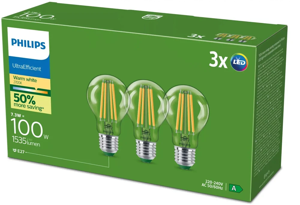 Philips Ultra Efficient Żarówka LED E27 | A60 | 7.3W = 100W | 2700K Ciepła | 3 vnt.