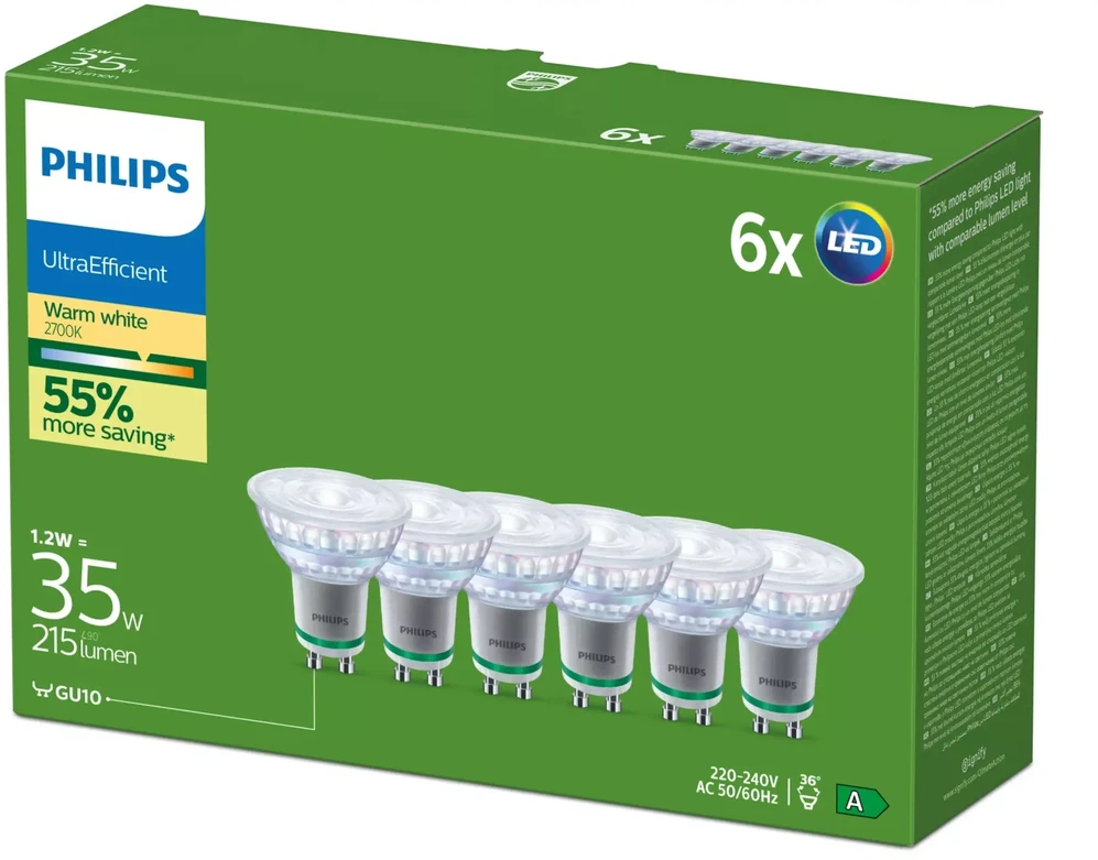 Philips Ultra Efficient Żarówka LED GU10 | 35W | 190lm/W | 2700K Ciepła | 36° | 6 vnt.