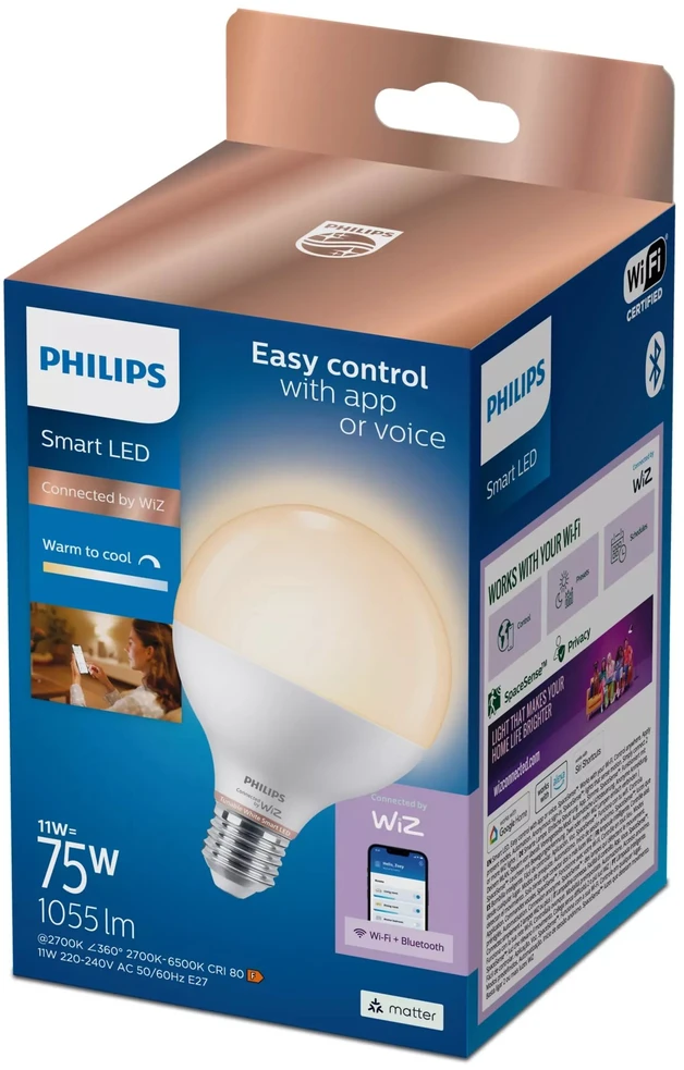 Philips Smart WFB 75W G95 827-65 TW 1PF/6 | E27 | 11 W | Šilta iki šalta balta šviesa | Bluetooth, Wi-Fi
