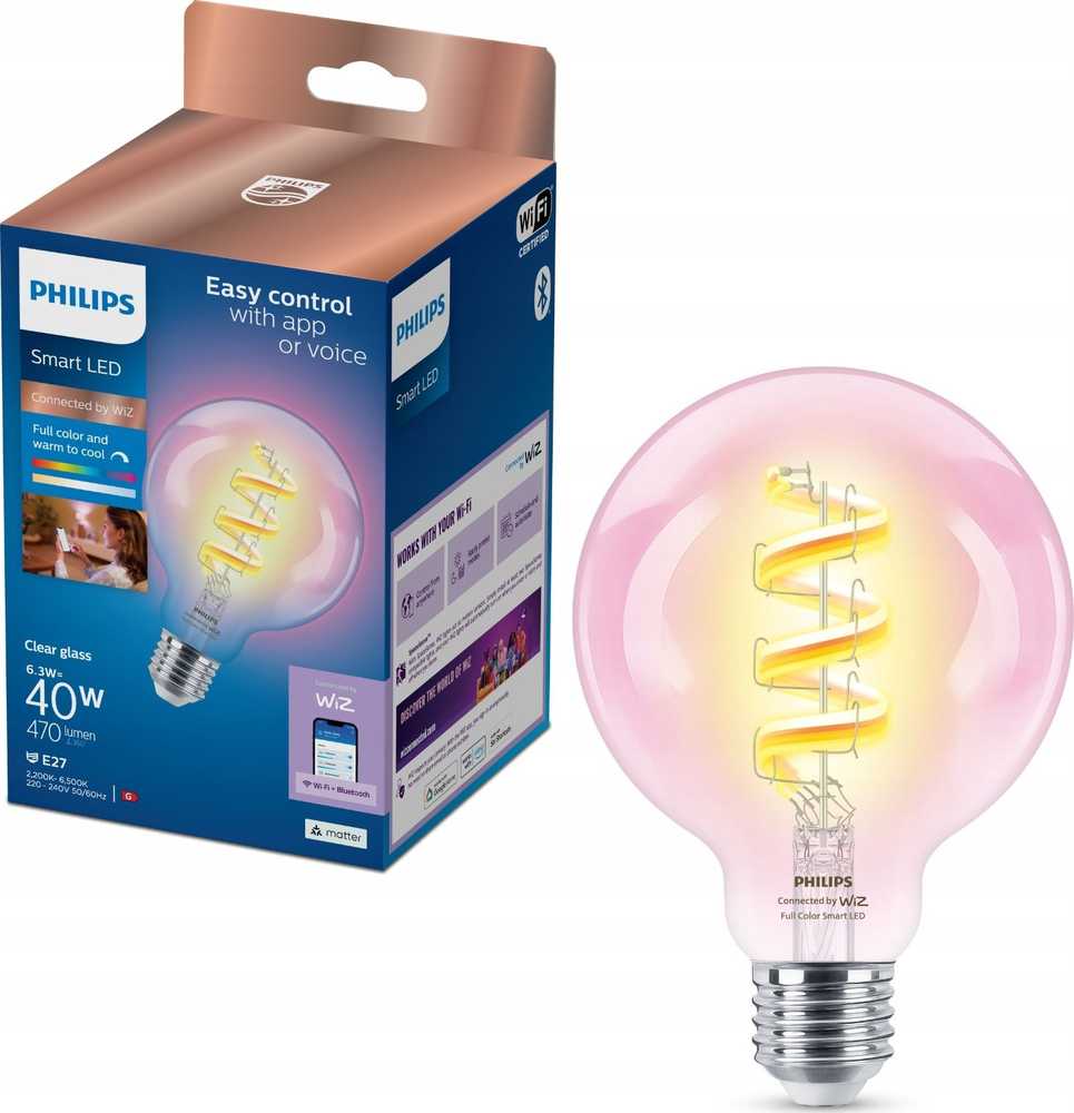 Lemputė Wiz Philips Smart WiFi Filament Clear G95 RGB | E27 | 6.3 W | Full colour