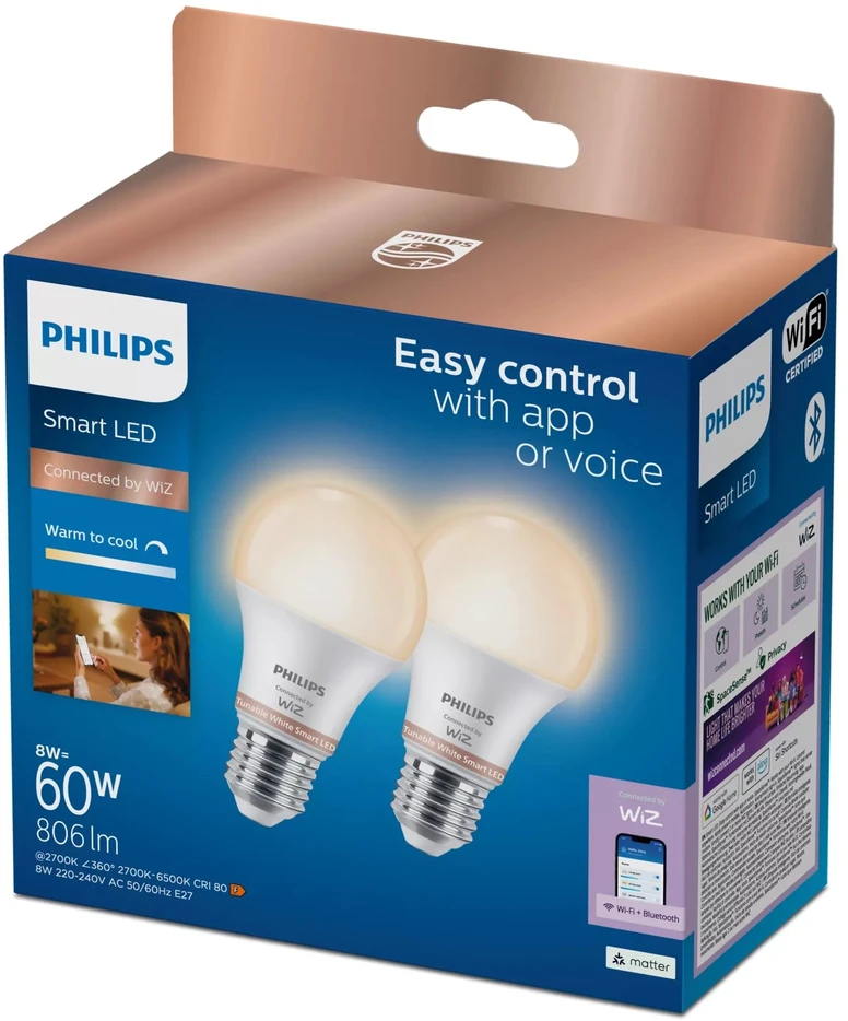 „Philips Wiz“ 8,5 W (60 W) A60 E27 TW 2 vnt. lemputė