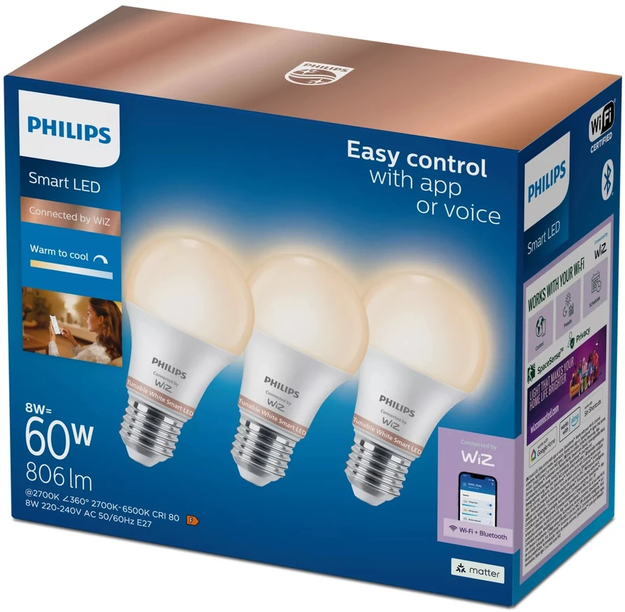„Philips Wiz“ 8,5 W (60 W) A60 E27 TW 3 vnt.