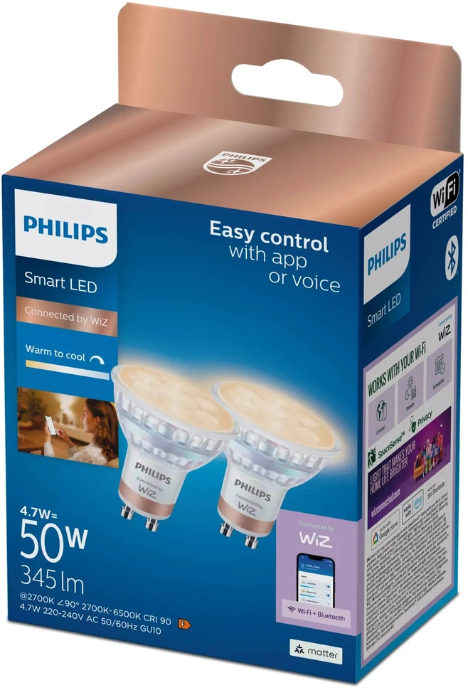 Philips Wiz 4.7W(50W) GU10 Glass TW 2vnt.