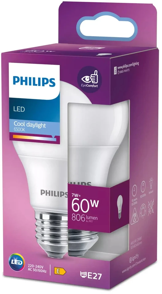 LED lemputė PHILIPS, E27, A60, 7W (=60W), 6500 K, 806 lm, NON-DIM