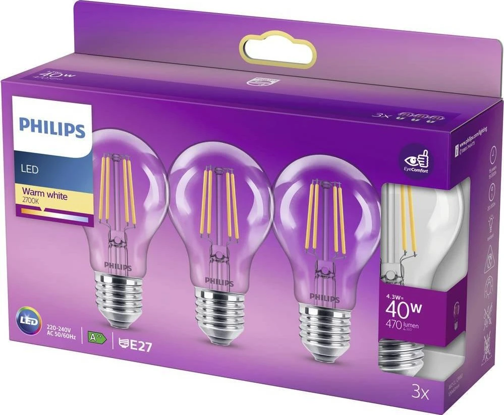 Philips Żarówka LED E27, 4.3W, 470lm, 2700K 3 vnt.