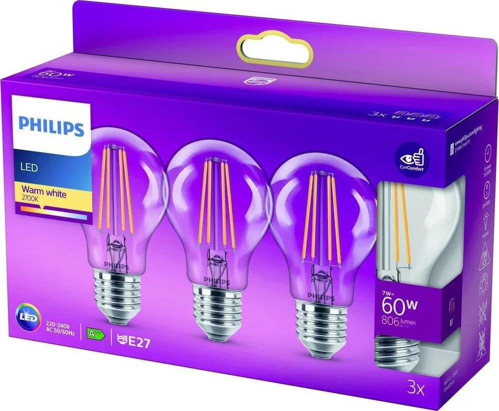 Philips LED lemputė E27, 7W, 806lm, 2700K 3 vnt.