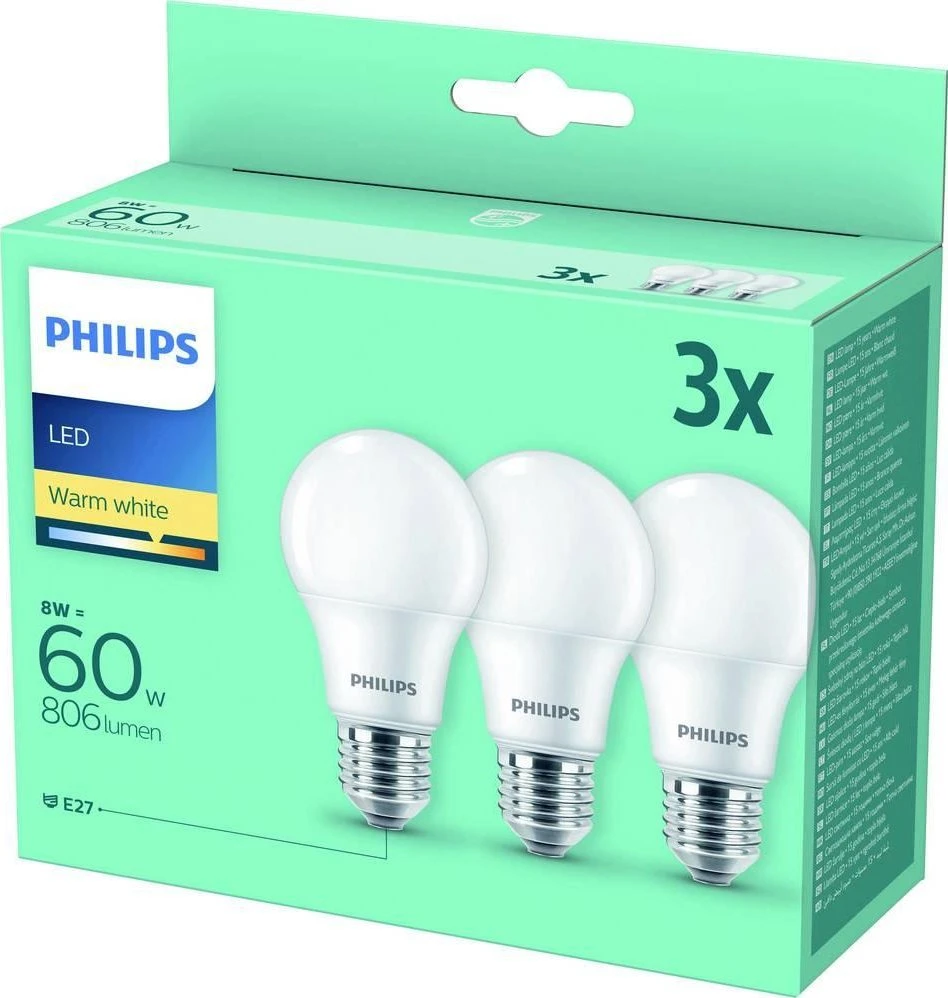 LED lemputė Philips 60W E27 Šiltai balta, 3 vnt