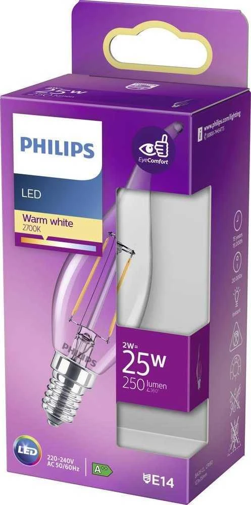 LED lemputė PHILIPS, B35, E14, 2 W, 250 lm, 2700 K