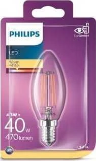 LED lempa Philips Fil, B35, 4.3W, E14, 2700K, 470lm, skaidri