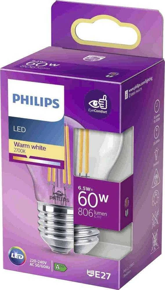 LED lemputė PHILIPS, P45, E27, 6,5 W, 806 lm, 2700 K