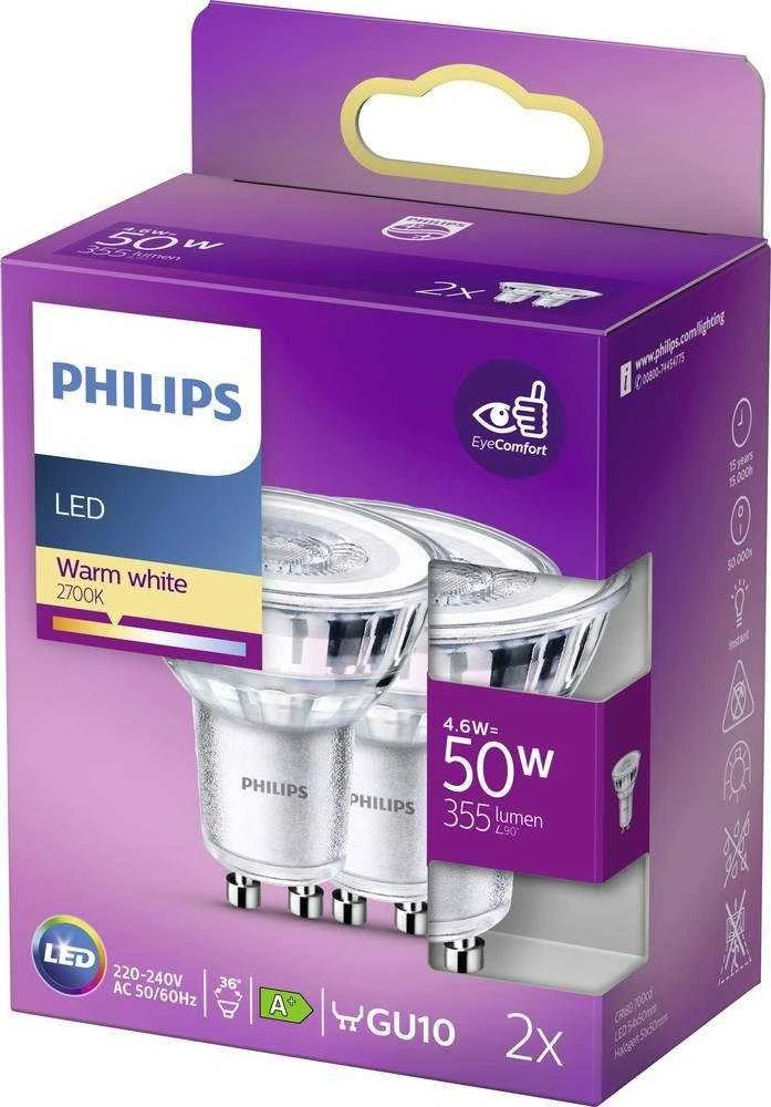 LED Spot GU10 Philips 50W Šiltai baltas 36D, 2vnt
