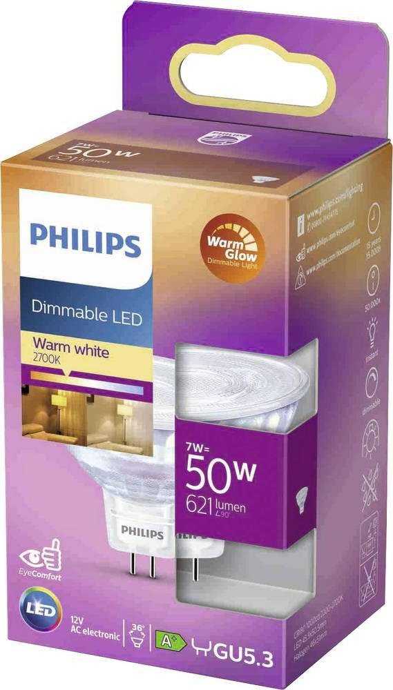 LED lemputė PHILIPS, 36D, GU5.3, 7W (=50W), 2200-2700K, 621 lm, dimeriuojama, šiltos sp.