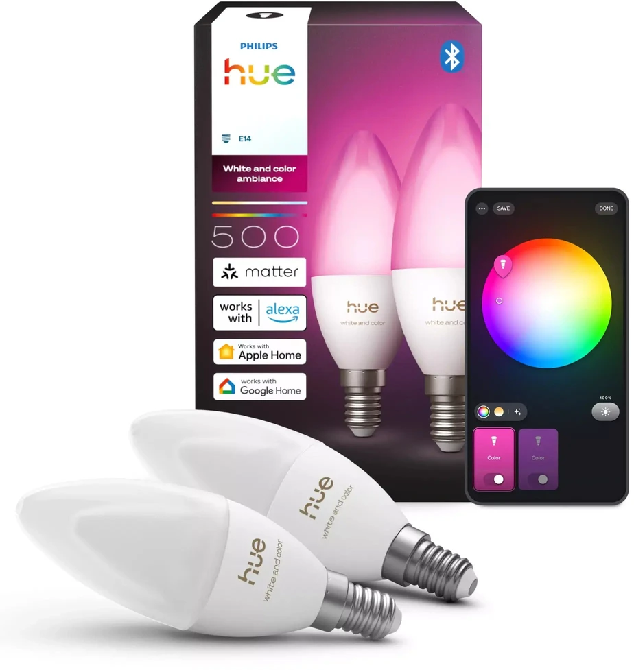 „Philips Hue“ E14 3,7 W RGBW B39 žvakių lemputės, 2 vnt. pakuotėje