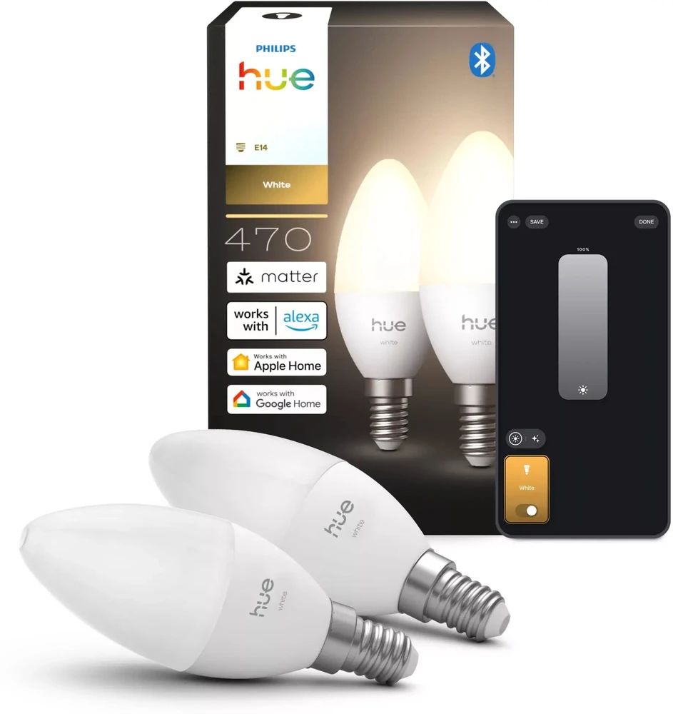 „Philips Hue“ E14 3,7 W „Balta Light“ (2700 K) B39 žvakinė lemputė, 2 vnt. pakuotėje