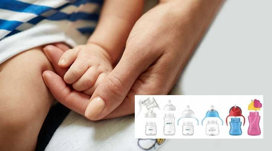 Philips Avent buteliukų sudedamosios dalys ir kūdikio ranka