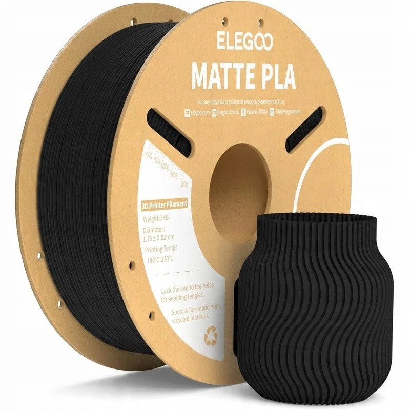 Elegoo PLA Matte juodas filamentas su atspausdintu pavyzdžiu