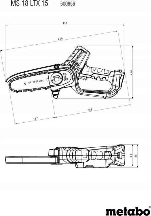 Šakų genėjimo grandininis pjūklas Metabo MS 18 LTX 15; 18 V; 15 cm juosta (be akumuliatoriaus ir pakrovėjo)