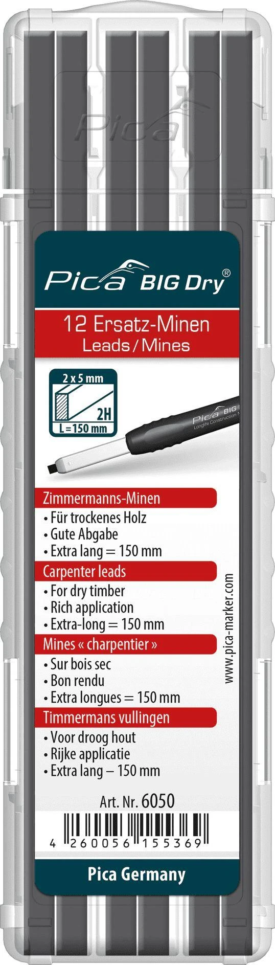 Pica BIG Dry refills, Carpenter, grafito spalvos 2H (keičiamos šerdelės) 12 vnt.