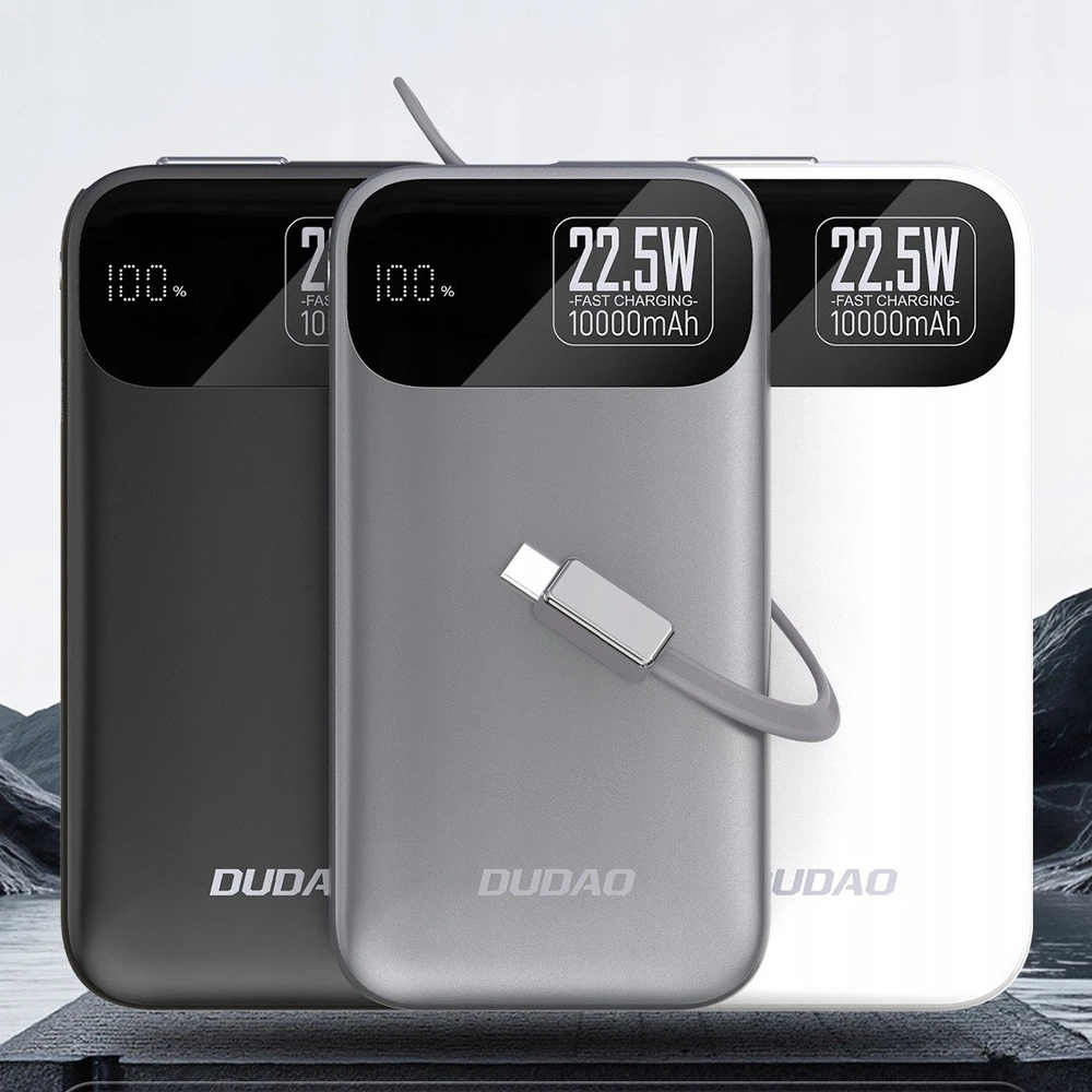 Dudao K31 10000 mAh 22.5W PD Powerbank su integruotu kabeliu – pilkos spalvos