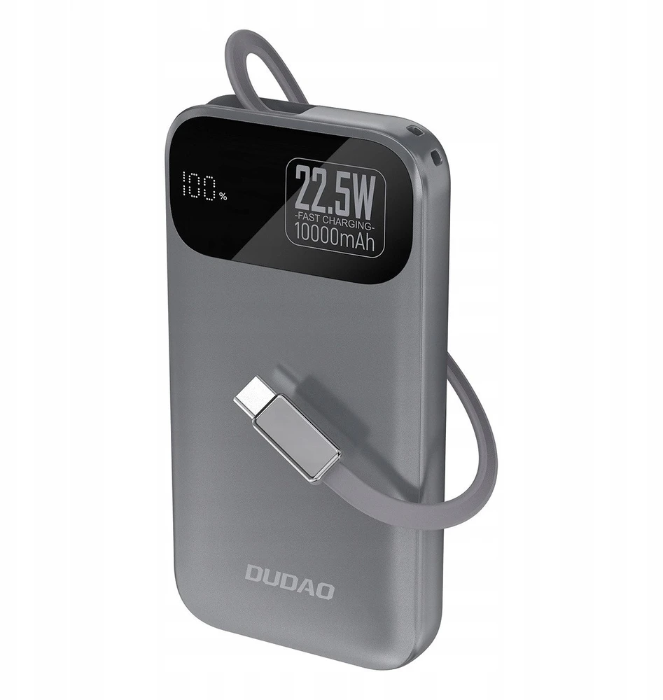 Dudao K31 10000 mAh 22.5W PD Powerbank su integruotu kabeliu – pilkos spalvos