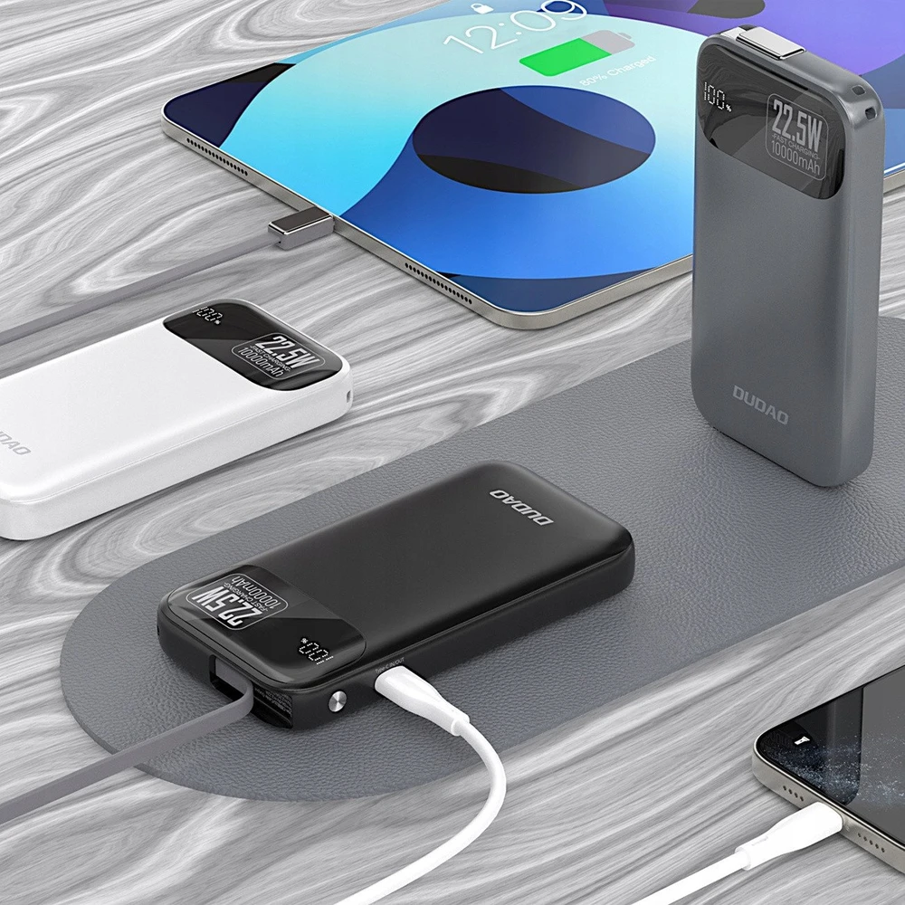 Dudao K31 10000 mAh 22.5W PD Powerbank su integruotu kabeliu – pilkos spalvos