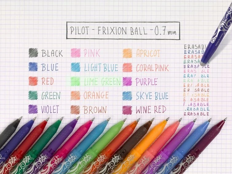 Pilot FriXion 0.7 12 spalvų rašiklių rinkinys su pavyzdžiais
