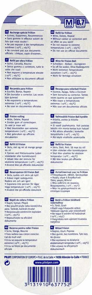 Pilot Frixion šerdelių pakuotė, galinė pusė