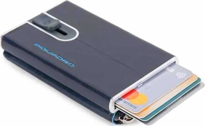 Piquadro, Mėlyna Square, Leather Card Holder, Square Sliding System with Zipped Coin Pocket, PP5359B2R-BLU2, Mėlyna, For Men
