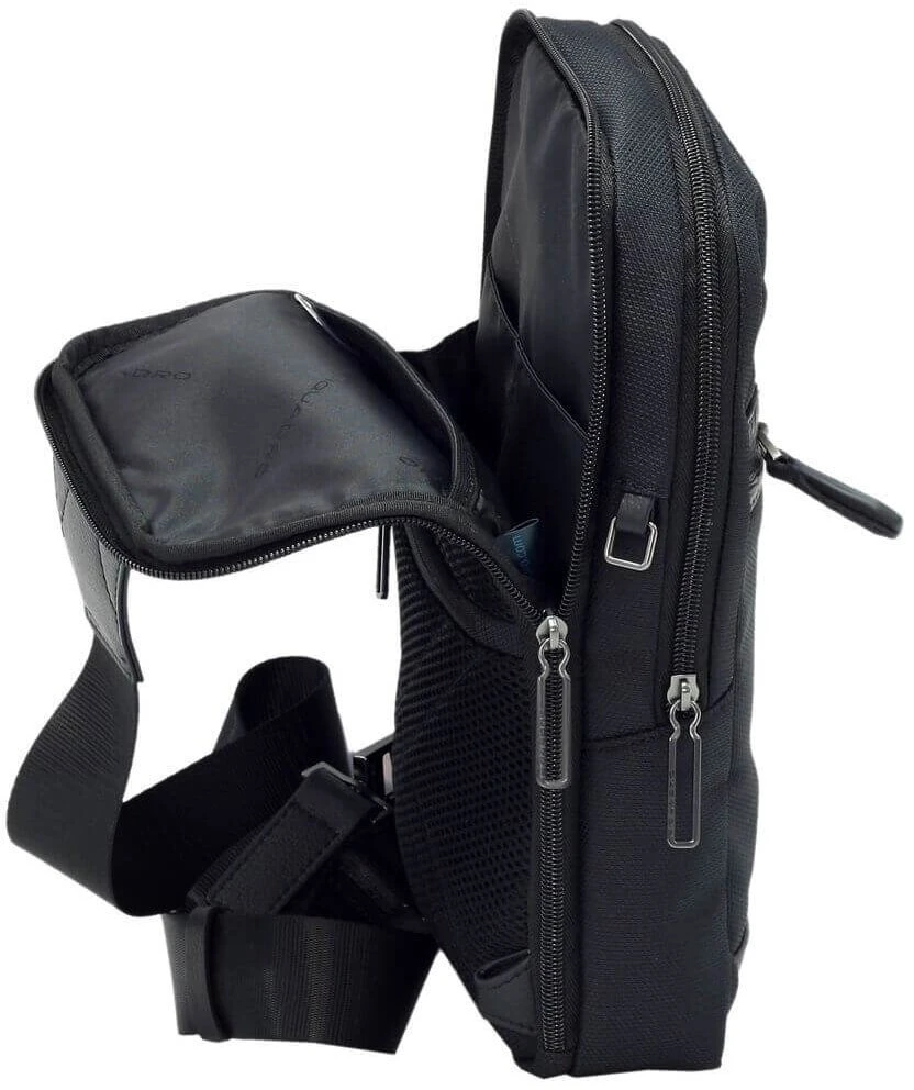Piquadro, Trakai, Leather - Fabric, Mono Sling, Textile Crossbody Bag, Juodas, 42021990, 31 x 18 x 7 cm, For Men